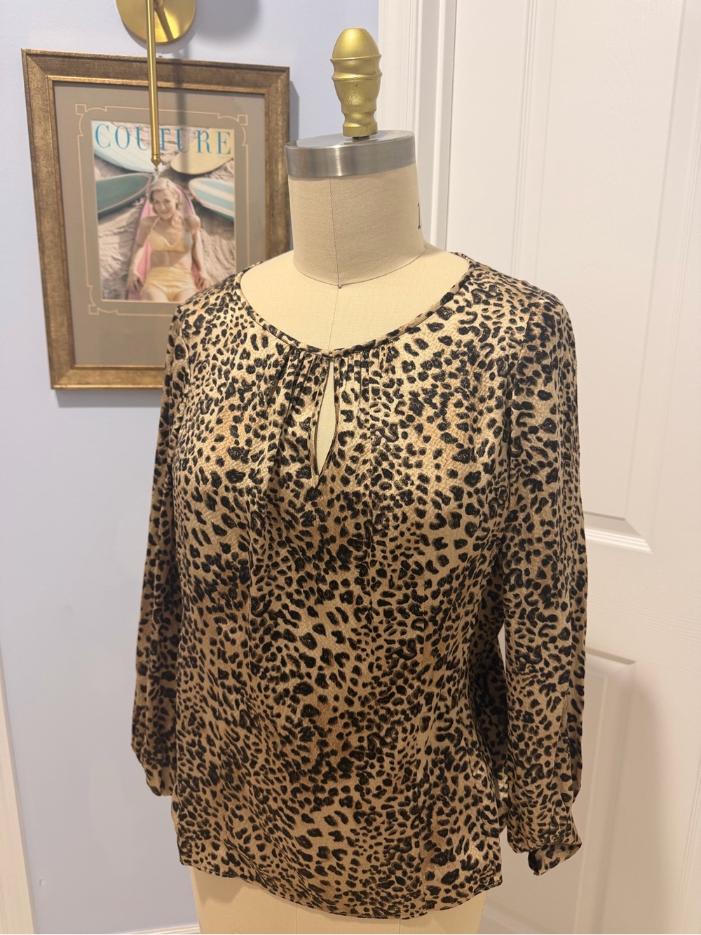 Rebecca Taylor Leopard Print Keyhole Blouse - Tan & Black